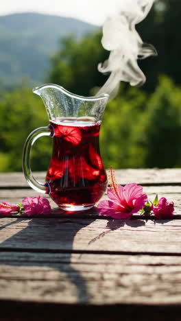 hibiscus tea in a glass pitcher on a wooden table