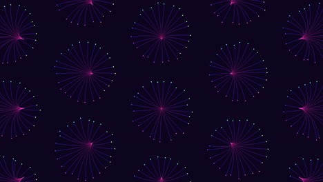Neon circles pattern in symmetry rows with neon color on dark space
