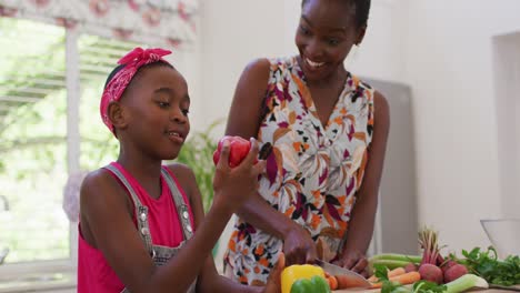 Madre-E-Hija-Afroamericana-Cortando-Verduras-En-La-Cocina-De-Casa