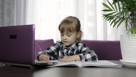 girl doing online homework using digital laptop computer. distance education