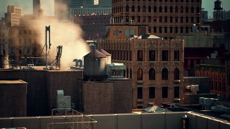 aerial view of a city skyline with buildings and rooftops