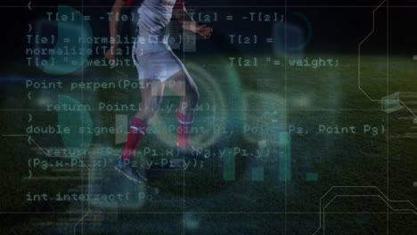 Animation-of-diverse-data-processing-over-legs-of-caucasian-male-soccer-player-on-stadium