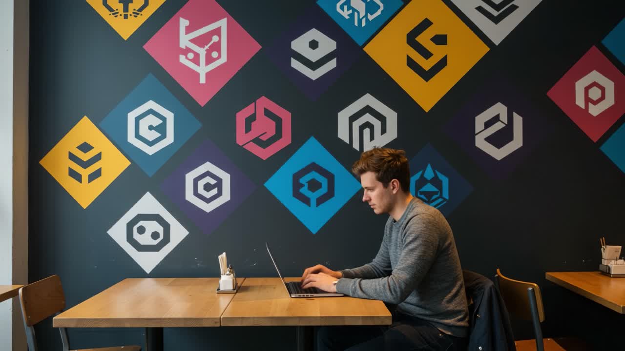 Focused Individual Working on Laptop in Modern Café Surrounded by Colorful Graphic Wall Art, Blending Creativity with Technology in a Cozy Atmosphere