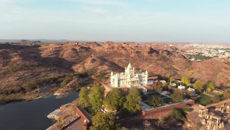 Panoramic-of-Jaswant-Thada-cenotaph-outside-city-grounds-in-Jodhpur,-Rajasthan,-India---Aerial-Orbit-shot