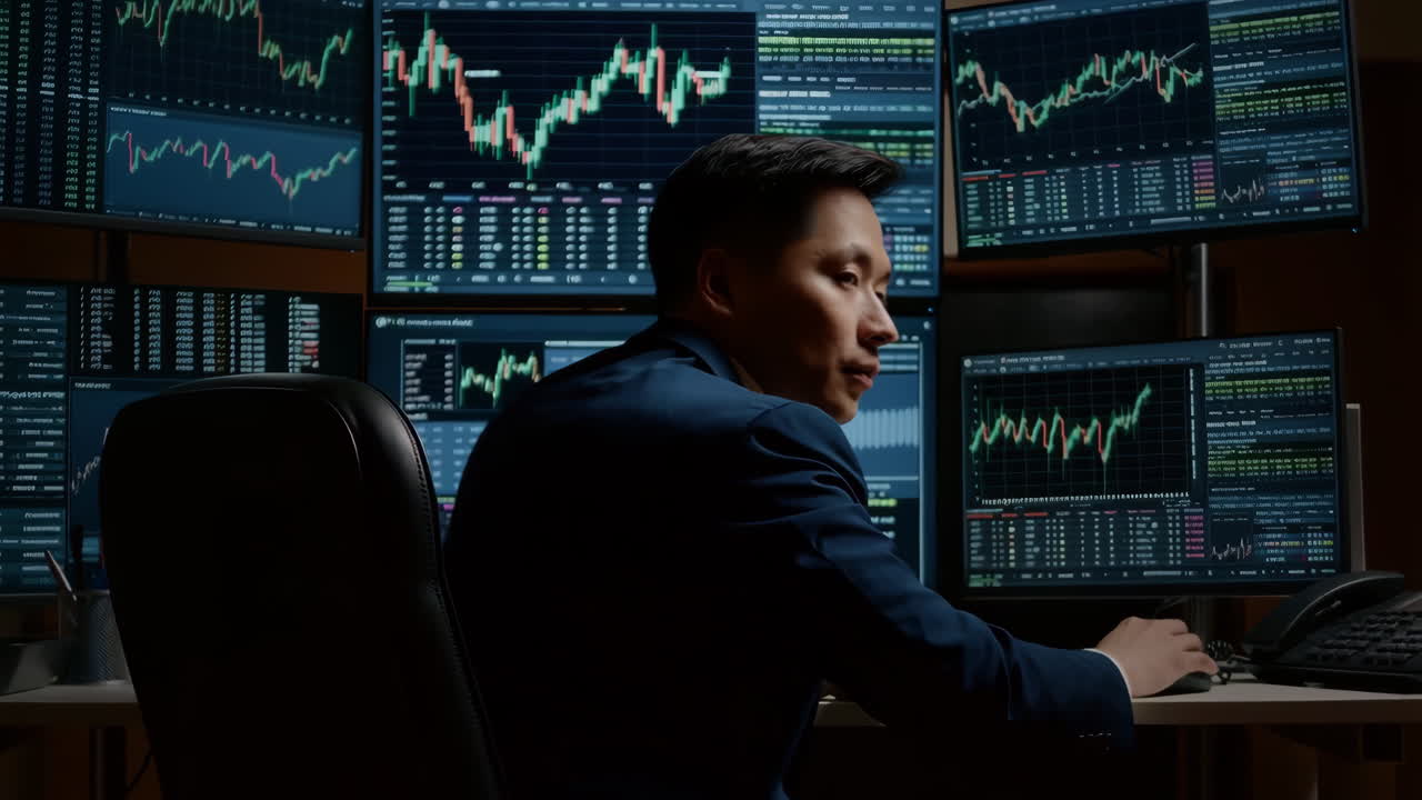 Financial Trader Analyzing Stock Market Data on Multiple Monitors
