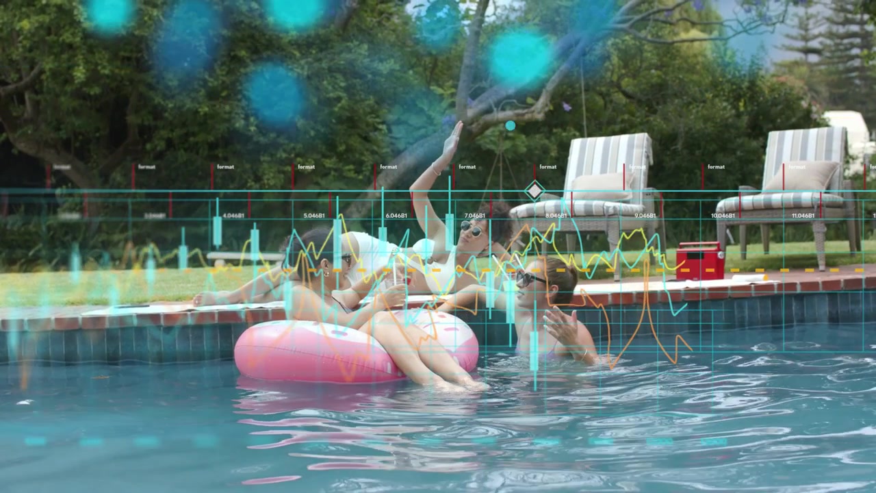 Three women pool pink float lifting phone taking selfie while HUD overlay mapping faces for content