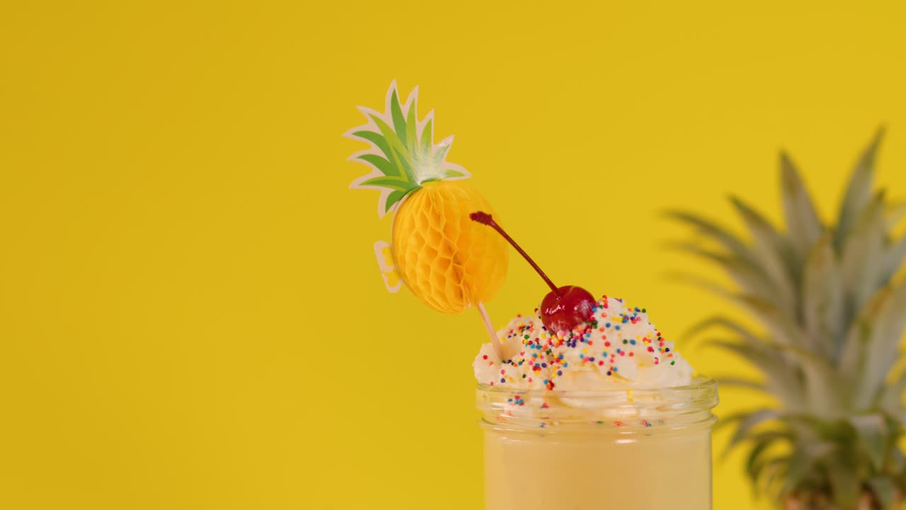 Hand inserts curly straw into creamy pineapple smoothie with whipped cream, sprinkles, and cherry garnish