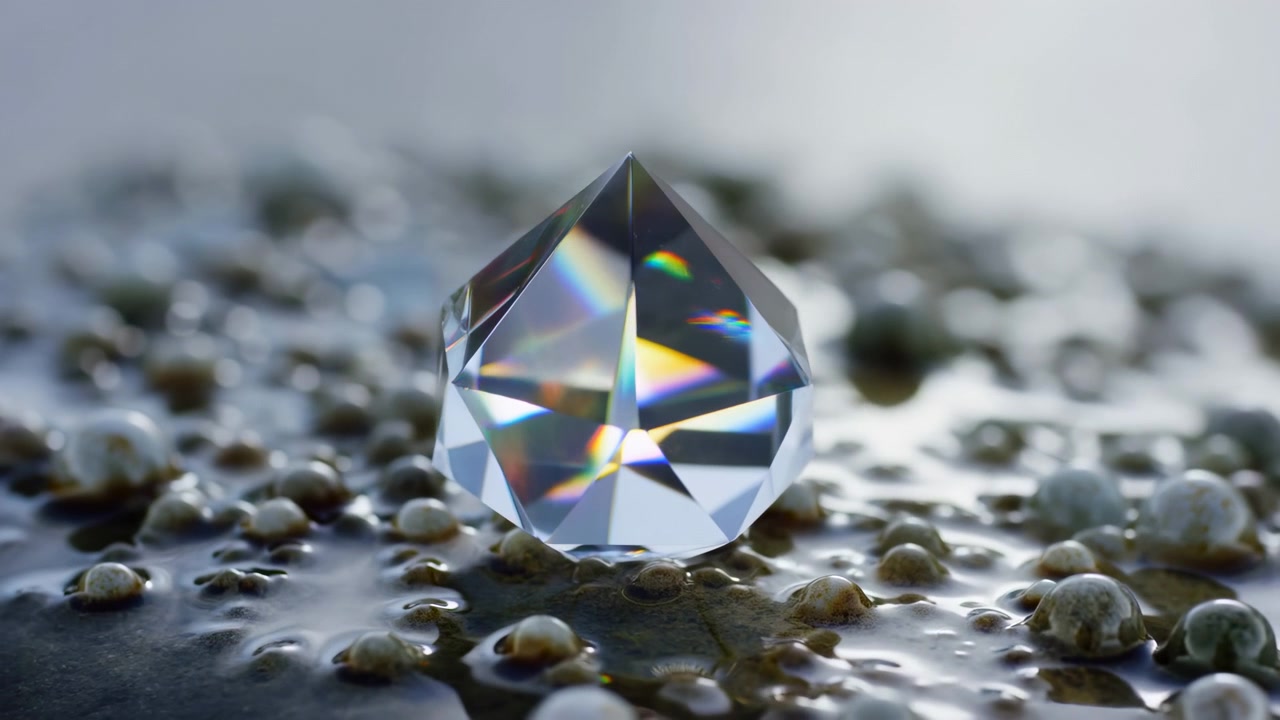 Scena ravvicinata che mostra un prisma di cristallo trasparente sfaccettato posizionato immobile su un terreno ciottoloso bagnato, molteplici sfaccettature triangolari rifrangono una luce soffusa e diffusa dall'alto a sinistra e producono un effetto interno