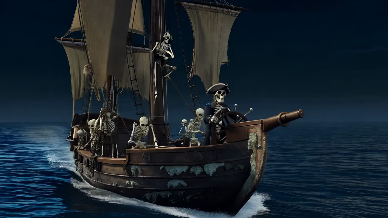 Capitano scheletro con tricorno che guida una nave in mare, brezza che spinge le vele, ciurma che tira le corde