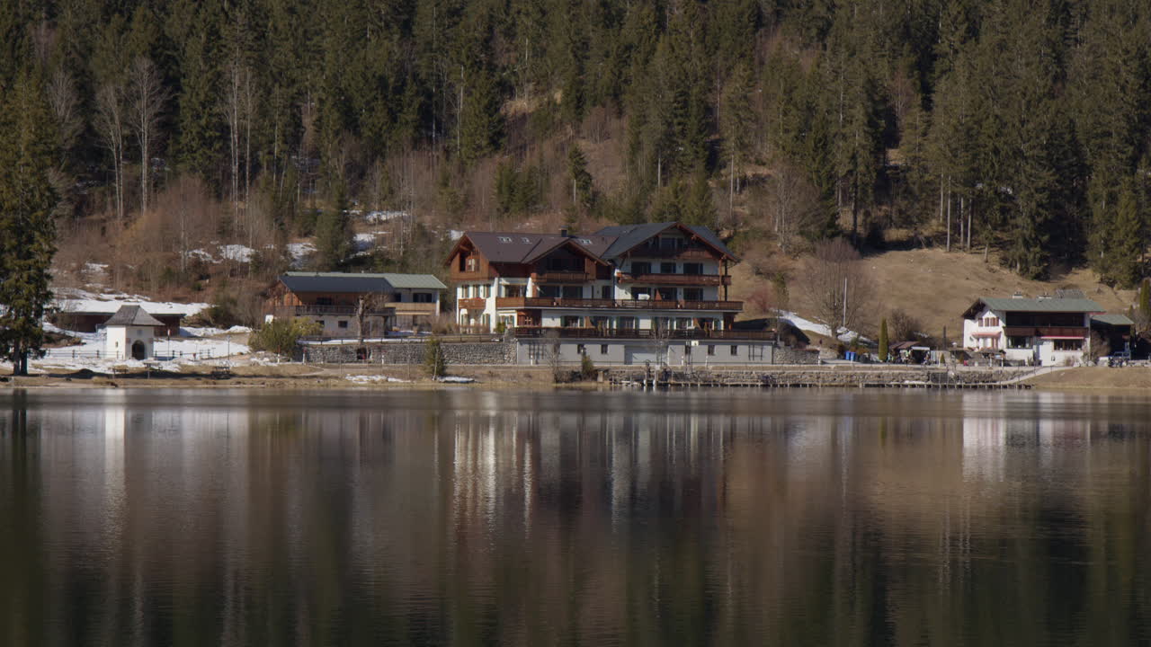 Accommodations At The Shores Of Lake Hintersee In The Bavarian Alps, Berchtesgadener Land, Upper Bavaria, Germany. Wide Shot