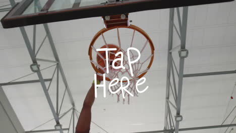 ball approaching basketball hoop with tap here text in animation style
