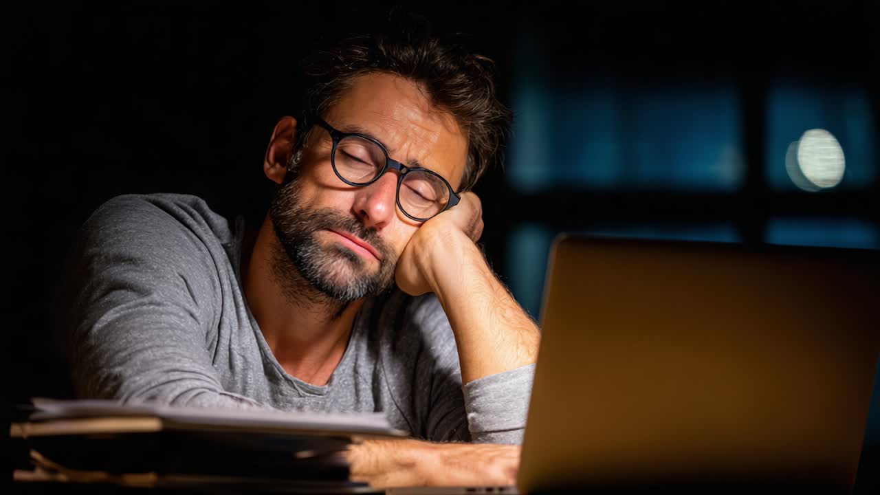 A Tired Professional Working Late at Night, Struggling to Stay Awake at His Computer, Surrounded by Documents and Papers, Showcasing the Challenges of Modern Work Life