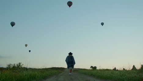 Un-Grupo-De-Globos-Aerostáticos-En-El-Cielo-Con-Una-Mujer-Caminando-Por-Un-Sendero-Debajo-De-Ellos