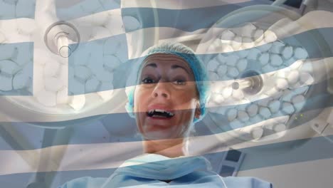 Animation-of-flag-of-greece-waving-over-female-surgeon-in-operating-theatre
