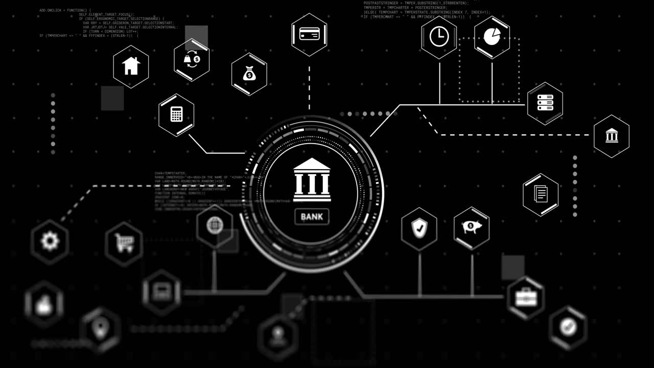 Animation of network of connections with icons digital data processing over black background