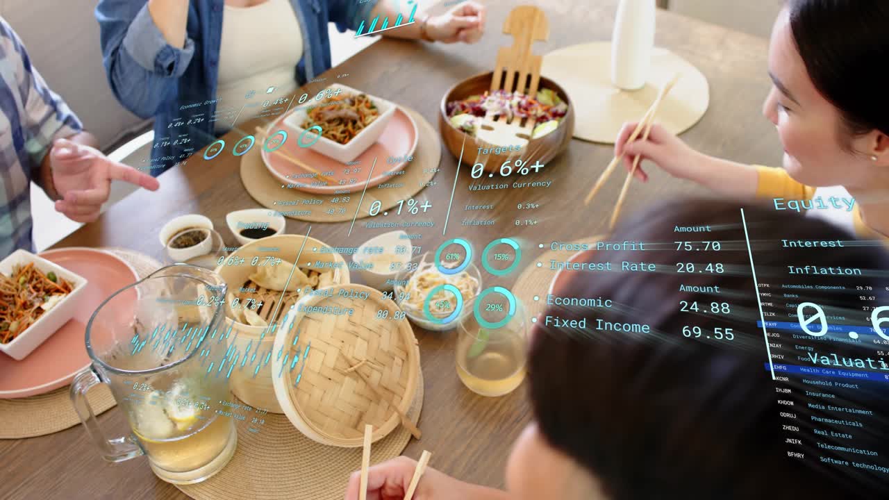 Four diners passing dishes around wooden table, AR charts appearing and driving finance discussion