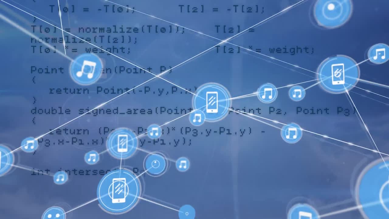 Animation of network of connections with icons over data processing on blue background