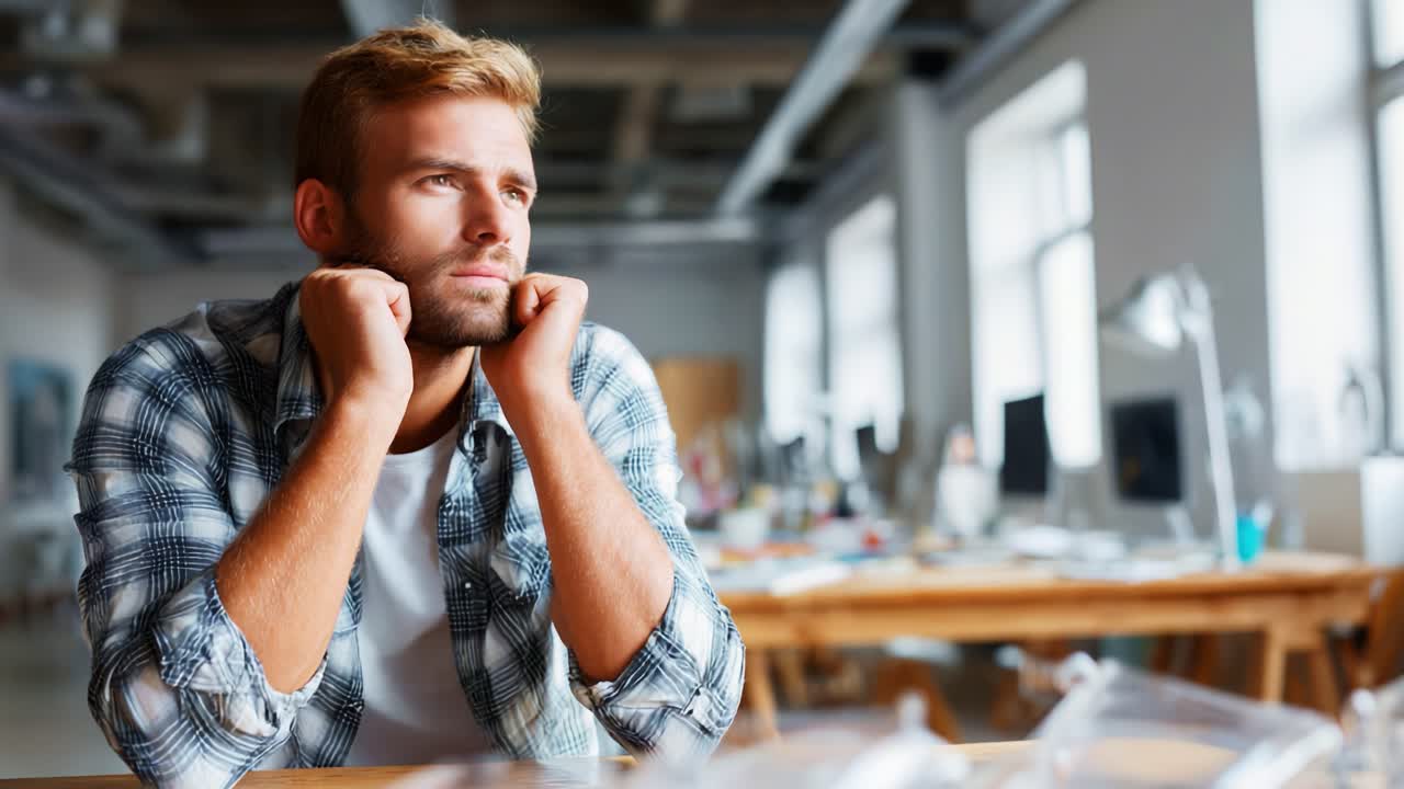 Contemplative Moment: A Young Man Reflects in a Modern Workspace, Capturing the Essence of Thoughtfulness and Creativity Amidst a Stylish and Minimalist Environment
