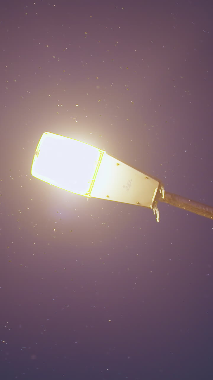 la luz dorada de la calle ilumina los copos de nieve que caen, creando un ambiente invernal sereno contra un cielo azul profundo de la noche, el brillo suave y los copos dispersos evocan la tranquilidad