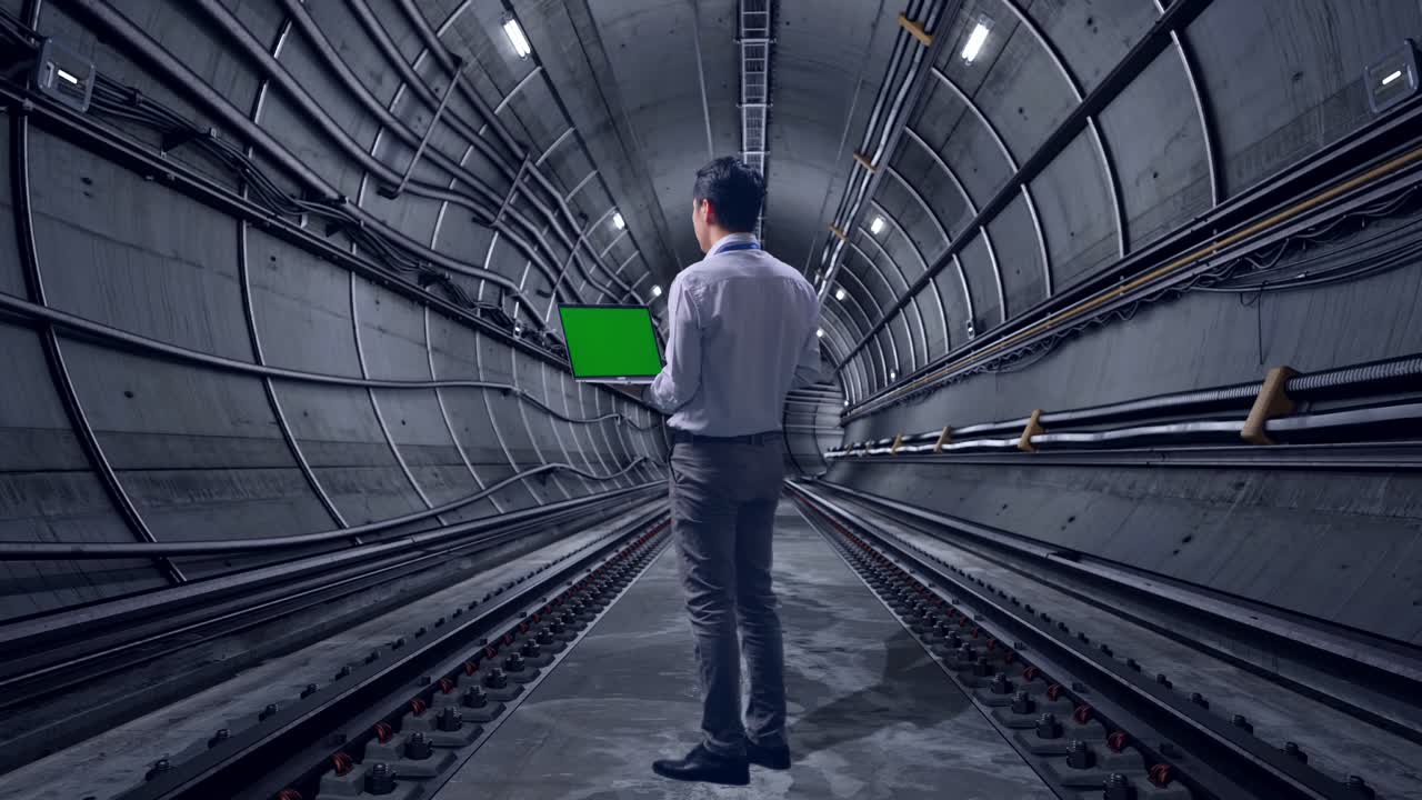 Full Body Back View Of An Asian Male Professional Worker Standing In Underground Subway Tunnel, Typing On Laptop'S Keyboard With Green Screen And Look At The Factory Once
