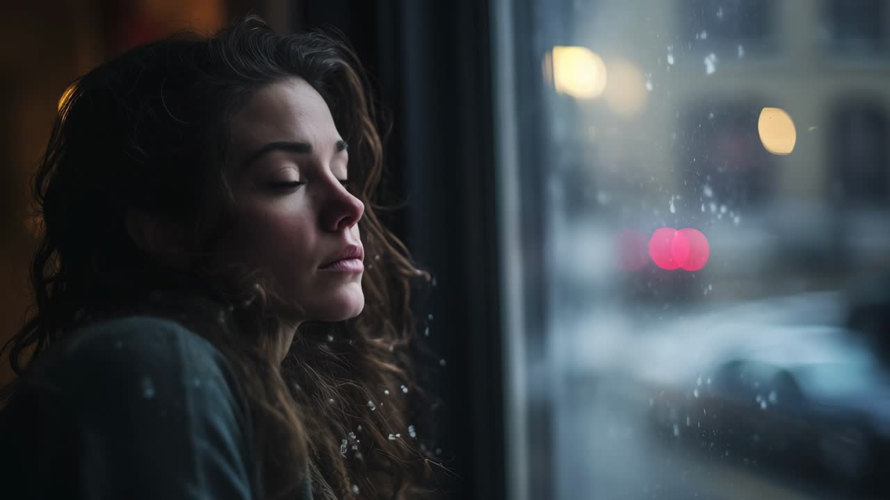 Pensive young woman looking out the window during a snowfall, observing the city lights and the falling snowflakes, creating a melancholic and introspective atmosphere