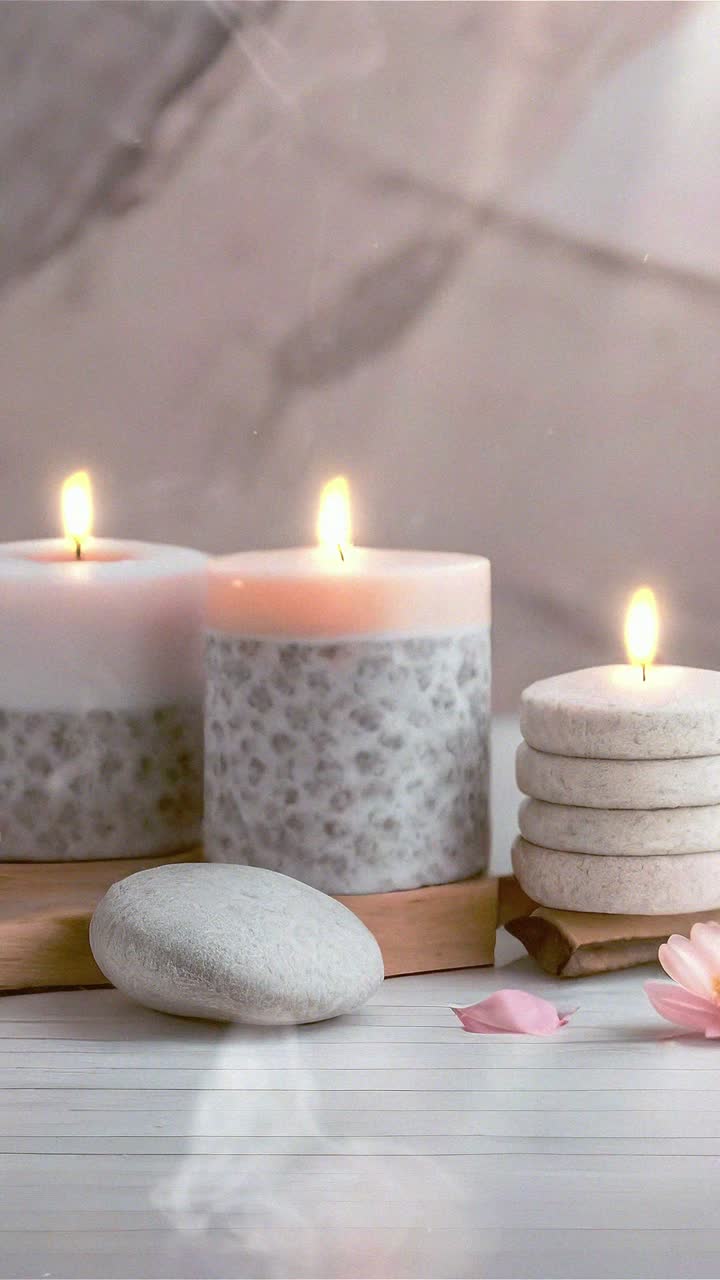 Mumlarla Aydınlatılmış, Pürüzsüz Taşlarla ve Pembe Çiçeklerle Huzurlu Spa Ortamı