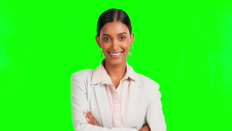 Business-woman,-face-or-arms-crossed-on-green