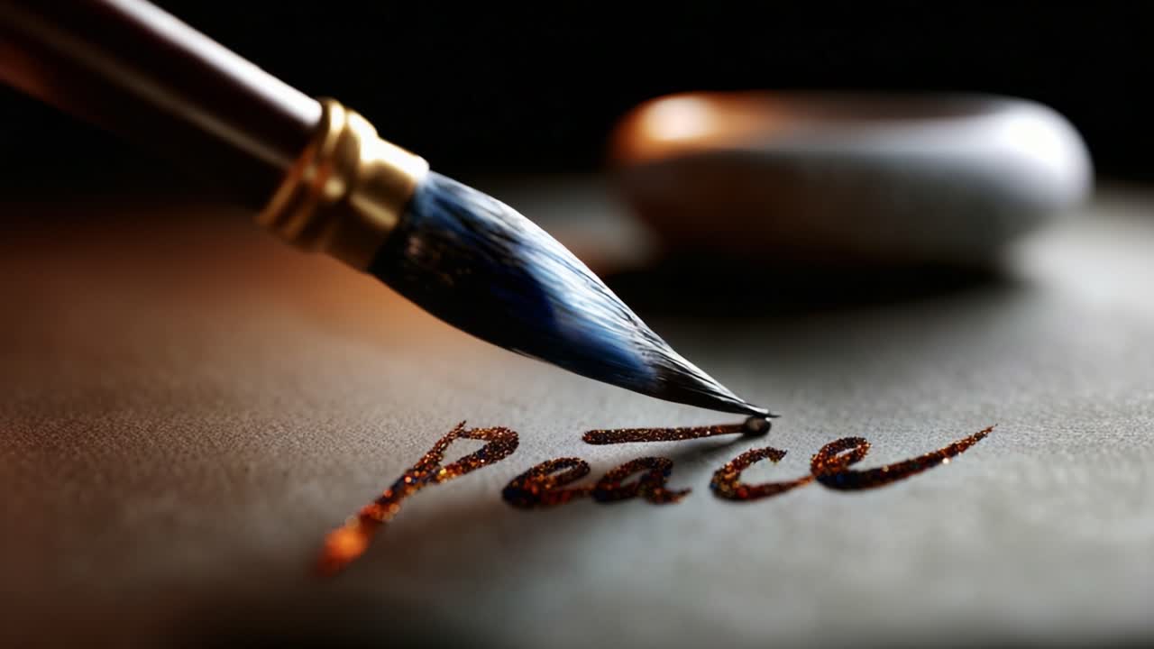Artistic Expression: A Close-up of a Brush Painting the Word 'Peace' with Glitter on a Smooth Surface, Symbolizing Tranquility and Harmony in Life's Journey