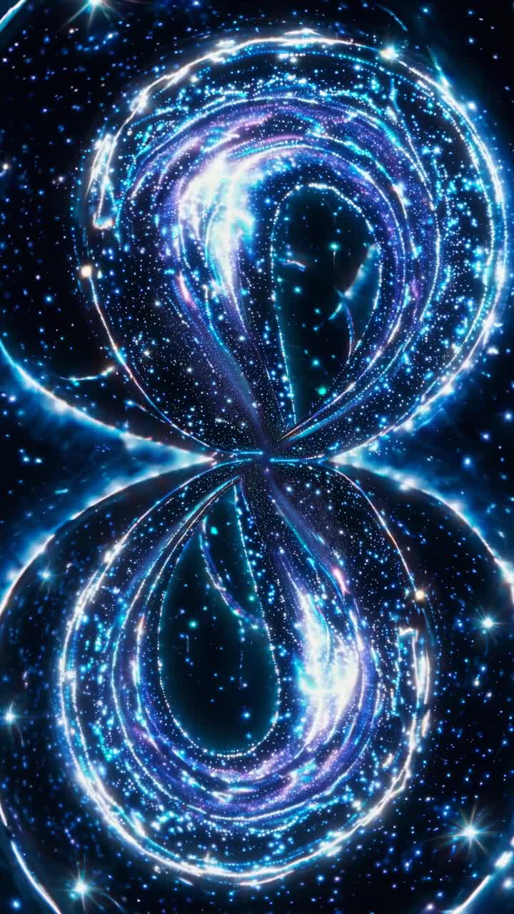 Cosmic infinity loop with glowing stars, top-down angle, perfect for a sci-fi video backdrop