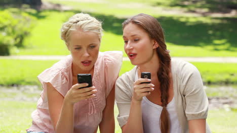 two women on mobile phones in the park as they look at one of them in shock