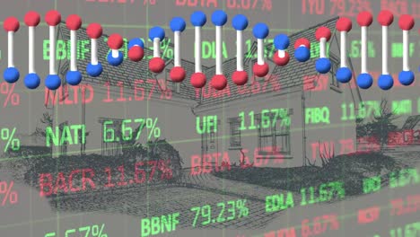 Animation-Des-Spinnens-Von-DNA-Strängen-Und-Der-Datenverarbeitung-über-Dem-Haus