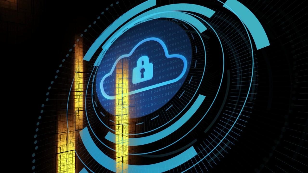 Dotted arc starting cloud lock badge forming cyan rings rotating gold bars sliding showing security