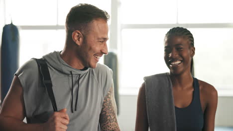 laughing, couple and walking at gym for a workout