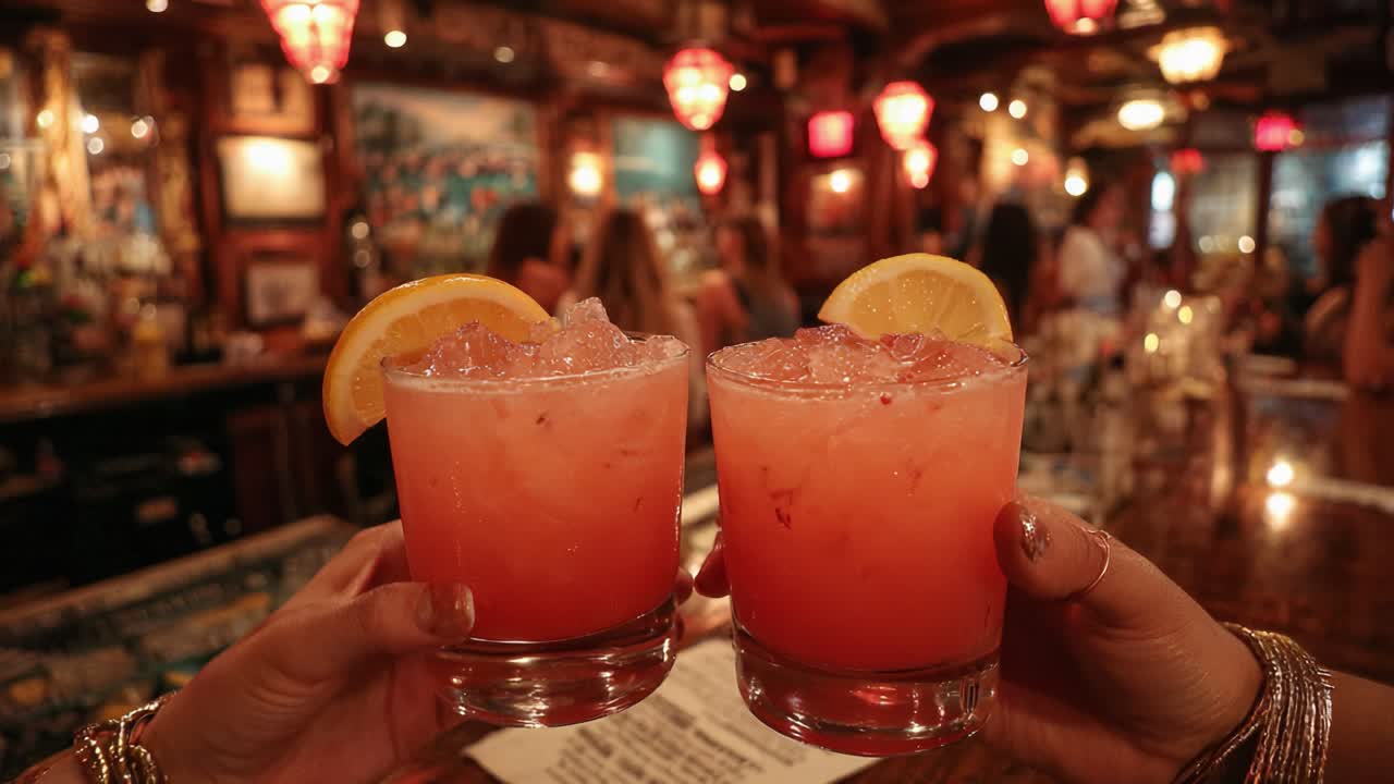 Celebrating Good Times: Two Hands Raise Chilled Cocktails with Refreshing Lemon Garnish in a Lively Bar Atmosphere, Perfect for Social Gatherings and Relaxation