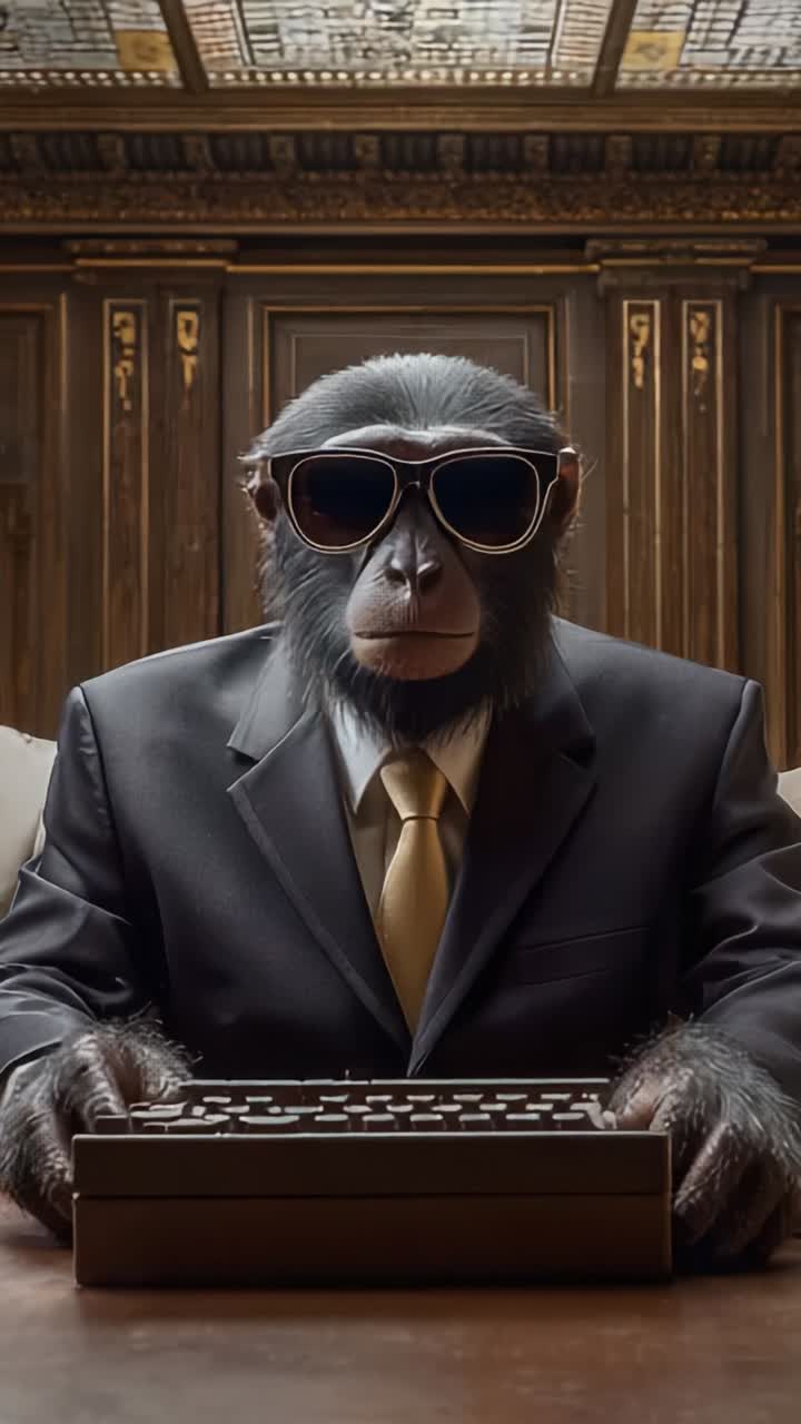 A Stylish Monkey in Sunglasses Writing Elegantly at a Vintage Desk with a Typewriter in a Classic Office Setting