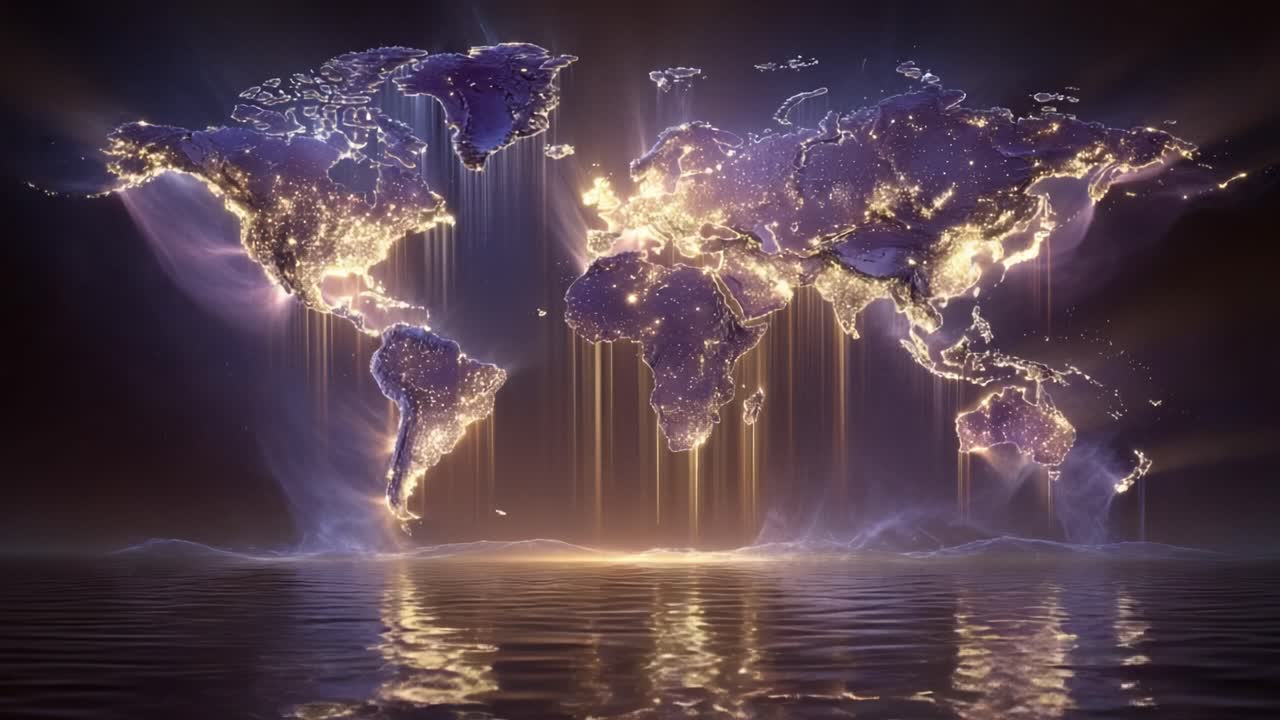 Glowing world map at night showing city lights and population density, with luminous beams reflecting on the water below. This animation represents global connection, data, and technology