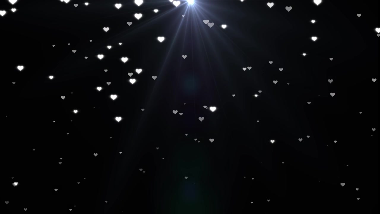 Romantic White Hearts Falling with Light Rays on Dark Background