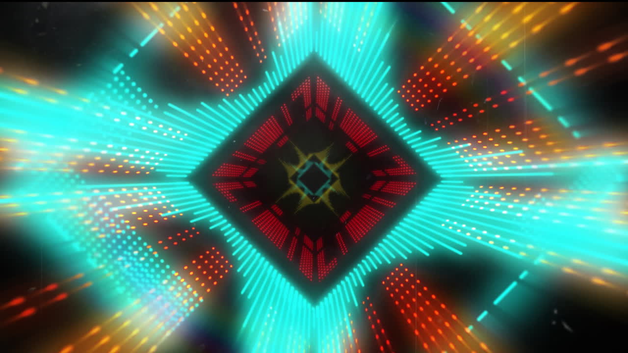 Animation of tunnel of glowing neon light trails moving over black background