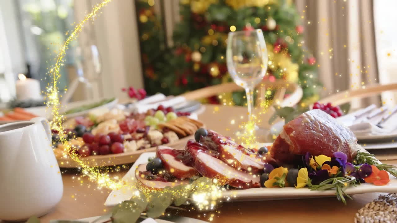 집에서 크리스마스 저녁 식사를 위해 테이블 위에 떨어지는 별의 애니메이션