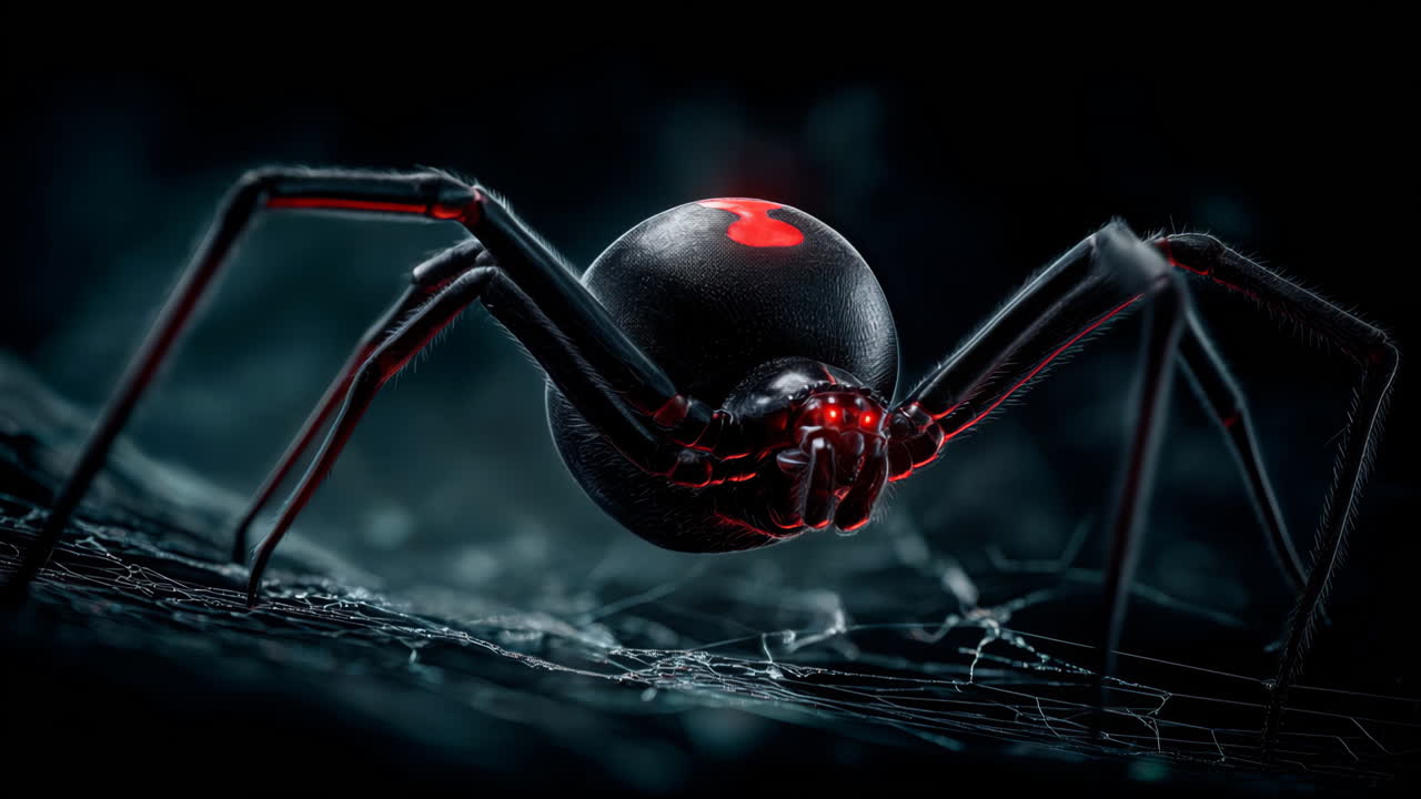Black widow spider on web with red marking