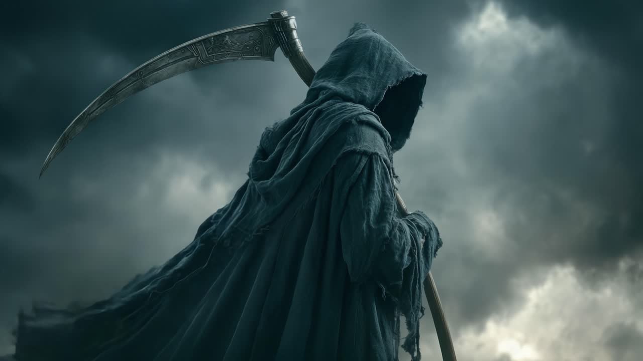 En mystisk huvafigur står mot en stormig himmel och svingar en stor lie, vilket förkroppsligar Dödens väsen i en kusligt stämningsfull scen.