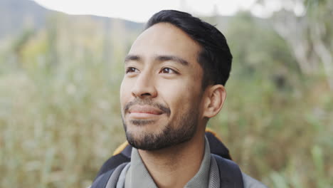 hiking, smile and a man breathing fresh air