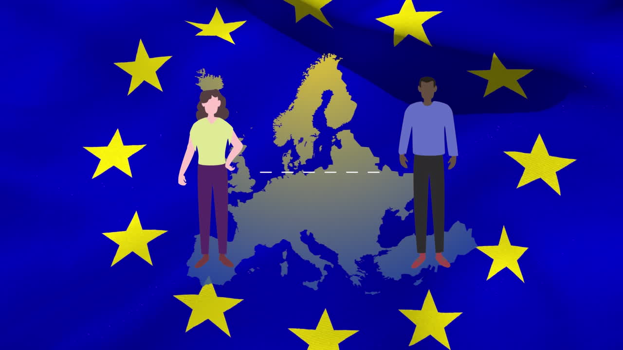 Uomo e donna digitali che mantengono il distanziamento sociale su sfondo di bandiera e mappa dell'UE