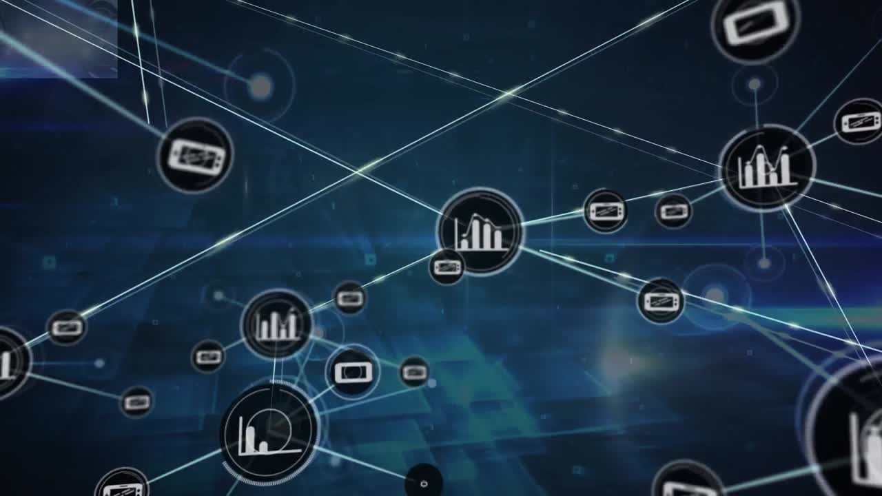 animación de iconos conectados con líneas sobre las bengalas de la lente contra un fondo abstracto