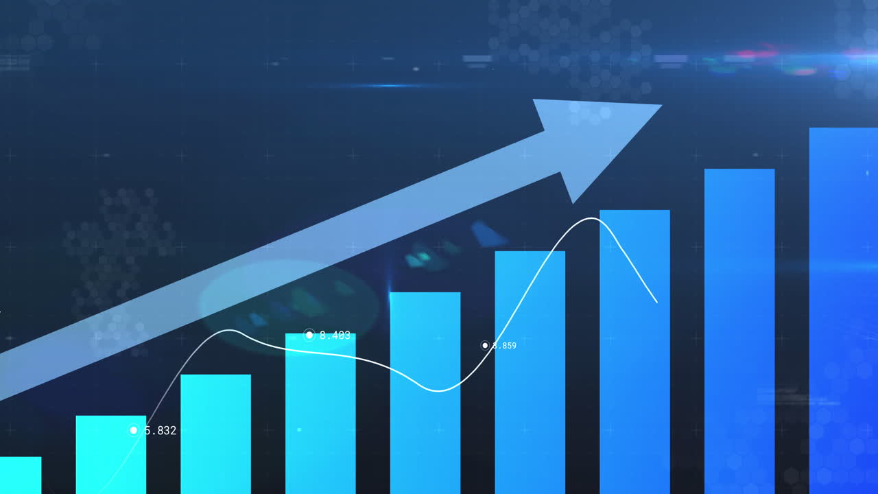 Animation of financial data processing with arrow pointing up and statistics