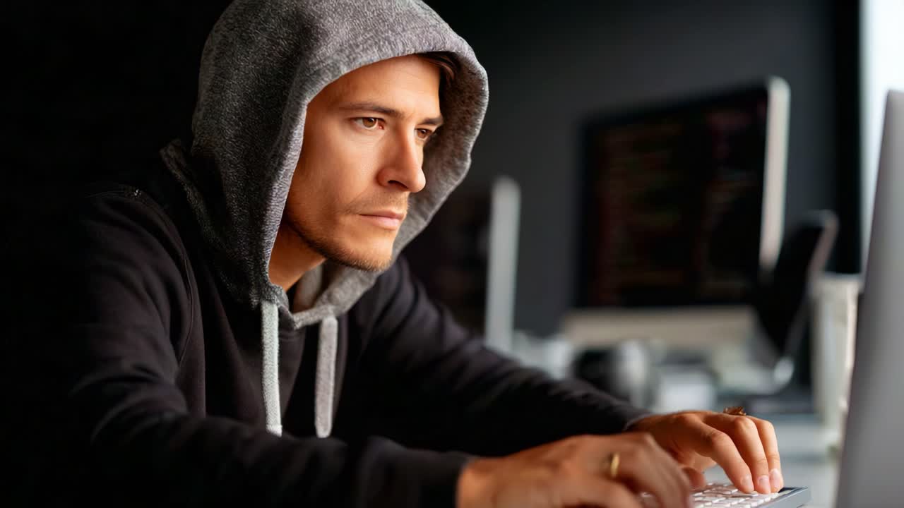 Fokusert person som har på seg en grå hettegenser og skriver intenst på en bærbar PC, omgitt av skjermer, noe som antyder et teknisk-orientert eller programmeringsmiljø