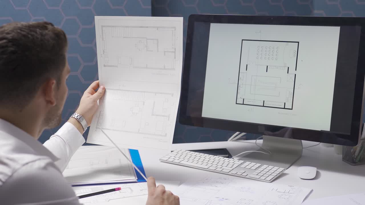 Male designer working in modern office for a new project. Interior architecture.