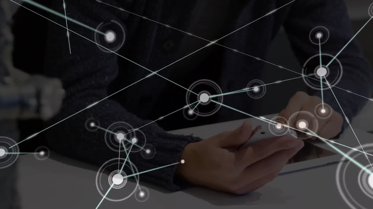 Animation of networks of connections with icons over man using smartphone