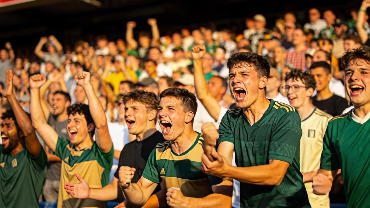 Aficionados masculinos gritando y reaccionando a la acción del estadio, levantando los puños y aplaudiendo con camisetas verdes.