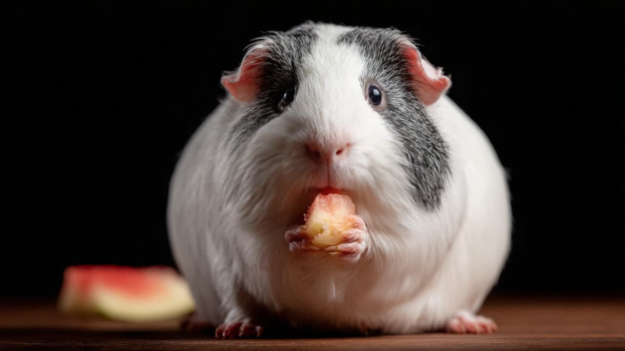 Adorable Guinea Pig Enjoying Fresh Watermelon Snack: A Delightful Moment Captured in Frames Showcasing Its Cuteness and Playful Nature, Ideal for Animal Lovers and Pet Enthusiasts